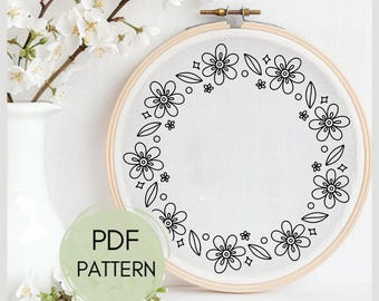 Floral Wreath Hand Embroidery Pattern: Pink Pastel Design, hoop art (PDF Pattern)