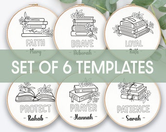 May include: Set of six embroidery hoop templates featuring black and white illustrations of books and flowers with inspirational words like "Faith", "Brave", "Loyal", "Protect", "Prayer", and "Patience".