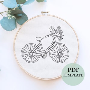 Fahrrad und Blumen Stickmuster, florales Handstichmuster, einfache Sommerstickerei, Fahrraddekor, DIY Nadelarbeit, Instant PDF Download