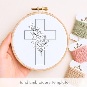 Patrón de bordado de cruz floral: Arte lineal cristiano moderno (diseño descargable en PDF, 6 tamaños)