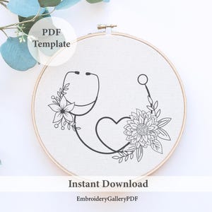 Floral Heart Stethoscope Embroidery Pattern, Embroidery Paramedic, Embroidery Nurse Pattern, Nursing Embroidery, Medical Embroidery Pattern