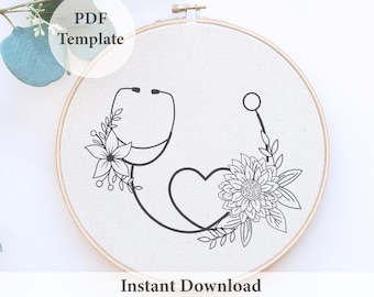 Floral Heart Stethoscope Embroidery Pattern: Medical Nurse Design (PDF Pattern)