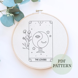 The Lovers Tarot Card Embroidery,  Moon Hand Embroidery, Celestial Embroidery, Tarot design, One Line Embroidery, Stitch Art, Moon and stars