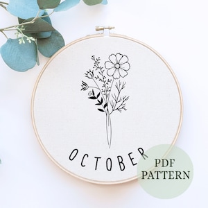 Flower Embroidery Pattern, october Embroidery Pattern, Beginner Hand Embroidery, PDF Embroidery Pattern, DIY Embroidery, Floral Stitching