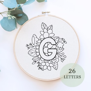 Patrón de bordado ABC, diseño del alfabeto cosido a mano, bordado de letras florales, bordado inicial DIY, descarga instantánea para principiantes