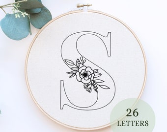 Floral Alphabet Embroidery PDF Pattern, 6 inch, Instant Digital Download, Letter Embroidery Design with Flowers, Floral Monogram