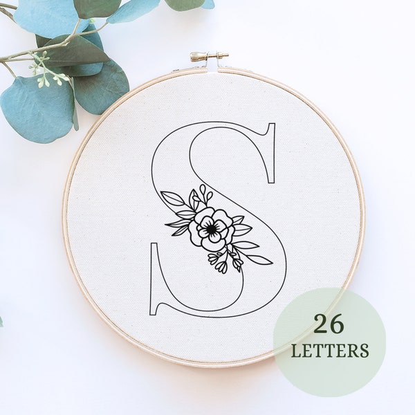 Floral Alphabet Embroidery PDF Pattern, 6 inch, Instant Digital Download, Letter Embroidery Design with Flowers, Floral Monogram