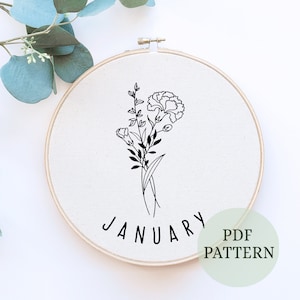 January flower embroidery Hoop, Floral Pattern, Embroidery Pattern, Embroidery Flower, Embroidery Hoop, Beginner Embroidery PDF, wall decor