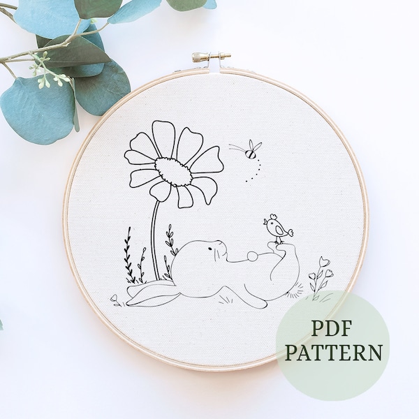 Hand Embroidery Pattern, Beginner Embroidery pattern, nursery decor, kids embroidery, Embroidery Design, bunny, kids room decor, play room