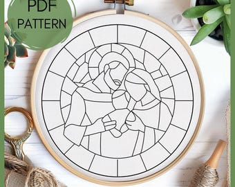 May include: Black and white line art illustration of the Holy Family in a stained glass style. The image is on a white background and is suitable for embroidery or cross-stitch.