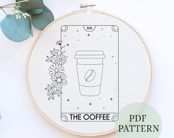 Coffee lover Embroidery Pattern ,Instant Download, Coffee Embroidery, DIY Embroidery Hoop, DIY Embroidery Gift For coffee Lover, Tarot card