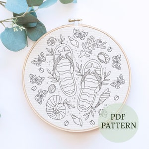 Flip Flop Stickerei, Handstickerei, Muscheln Stickmuster, Muscheln Nadelspitze, DIY Ozean Design, Strand Liebhaber Sommer Stickerei