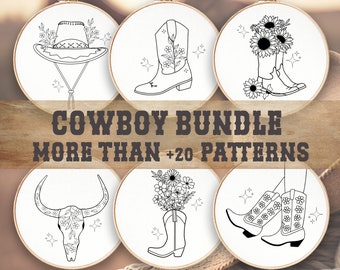 NEW Cowboy Bundle, Hand Embroidery, Western Collection, PDF Pattern,Beginner Pattern, DIY Cowgirl Gift,Rodeo Embroidery, Western Bundle pack