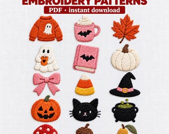 Fall Embroidery Pattern PDF, 15 Cute Autumn Hand Stitch Designs, Pumpkin Black Cat Acorn Mushroom, Beginner Friendly, Instant Download