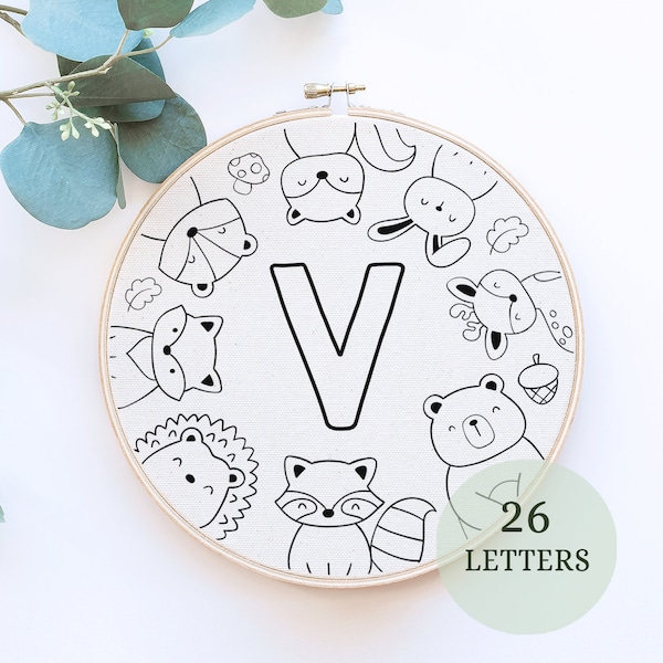 Initial embroidery, letter Embroidery PDF Pattern, Woodland Alphabet hand embroidery, forest animals PDF download pattern, PDF pattern