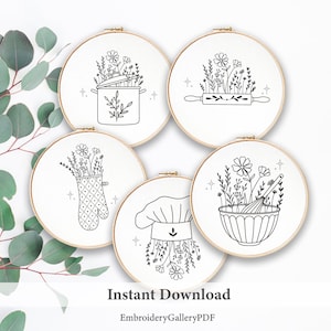 May include: Five embroidery hoop patterns featuring kitchen tools with floral accents. The patterns include a pot, rolling pin, oven mitt, chef's hat, and mixing bowl. The text "Instant Download" and "EmbroideryGalleryPDF" are at the bottom of the image.