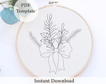 クリスマスリボンの手刺繍パターン：ボタニカルホリデーデザイン（PDFパターン）