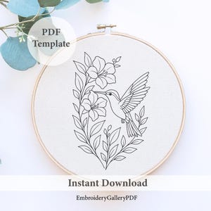 Floral Hummingbird Hand Embroidery Pattern, Hummingbird Pattern, DIY Bird Embroidery Pattern, Bird Embroidery, Hibiscus Pattern PDF pattern