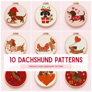 Dachshund Hand Embroidery Pattern Set PDF, 10 Holiday & Christmas Template Designs, Beginners crafts