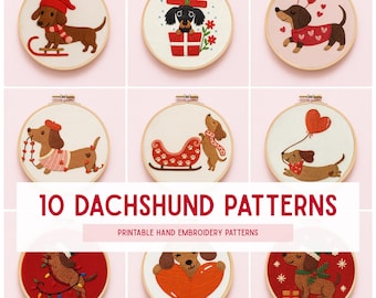 Dachshund Hand Embroidery Pattern Set PDF, 10 Holiday & Christmas Template Designs, Beginners crafts