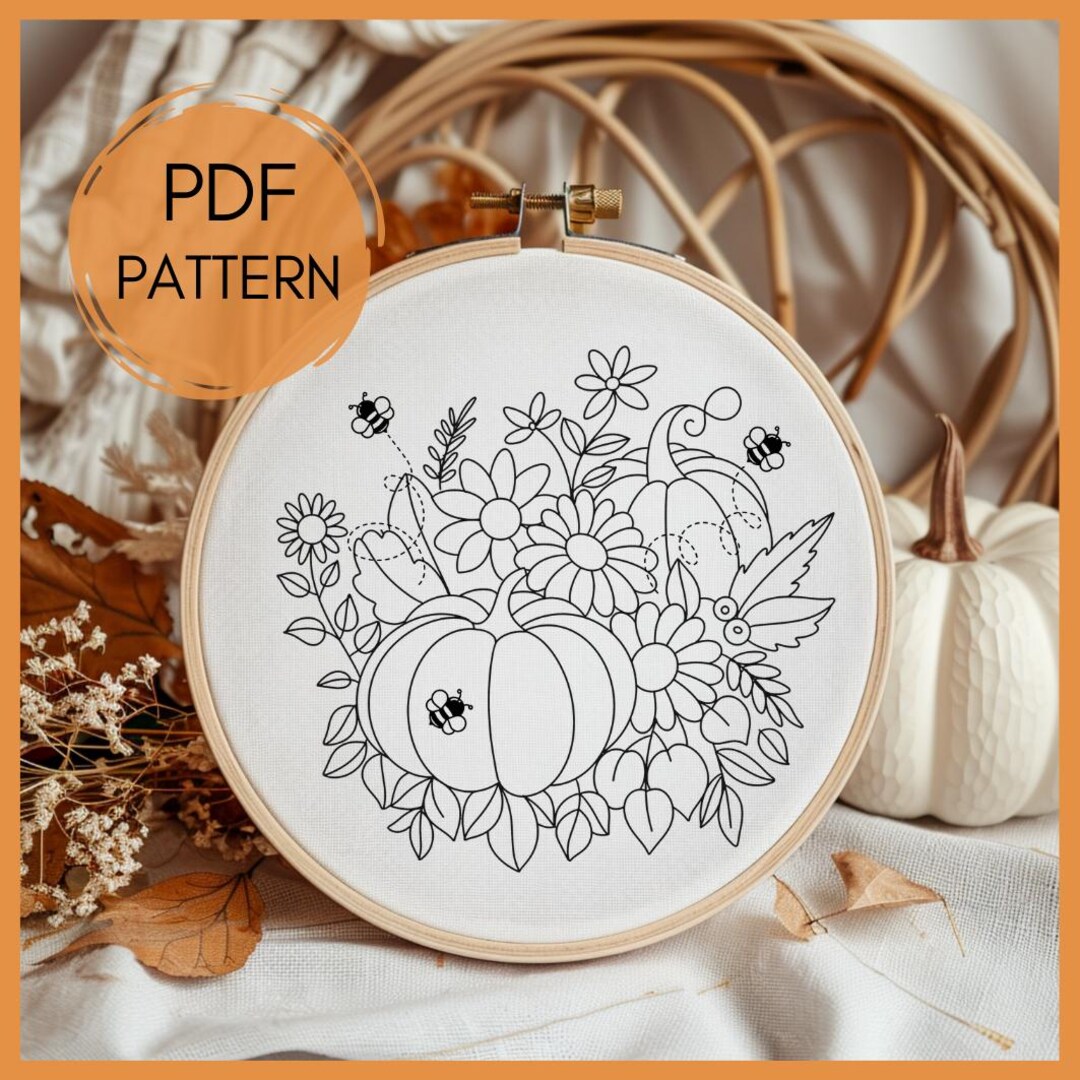 Floral Pumpkin Embroidery Pattern: Fall Bouquet Hoop Art (PDF Pattern ...