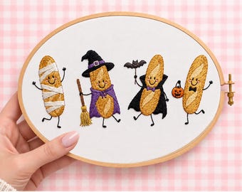 Spooky Baguette Embroidery Patterns PDF Digital Download Halloween Bread Costumes Parade Beginner Friendly Hoop Art Wall Decor Trios Designs