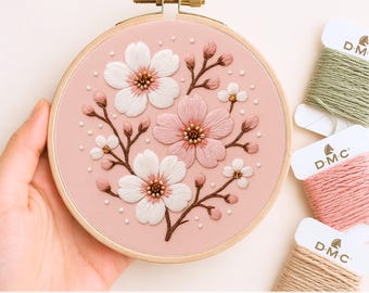 手刺繍パターンPDF、ピンクの花の桜刺繍デザイン、DIYボタニカルフープ