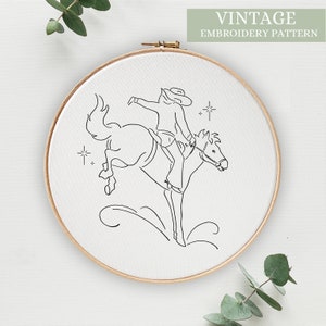Bucking Bronco Hand Embroidery Pattern, Vintage Embroidery Design, Cowboy Pattern, Cowboy Quilt, Rodeo Cowboy, Embroidery Pattern, Redwork
