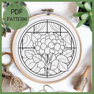Hydrangea embroidery pattern, handmade crafts, easy crafts, stained glass style, Floral Embroidery design, hand embroidery pattern hoop art