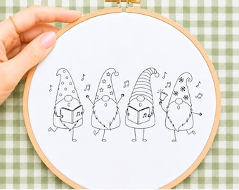 Christmas Caroling Gnomes Embroidery Pattern Winter Hand Embroidery Design Holiday Music PDF Printable Template Download