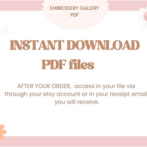 Peut inclure: Graphique rose et blanc avec le texte "EMBROIDERY GALLERY PDF" et "INSTANT DOWNLOAD PDF files". Le texte dit "APR&Egrave;S VOTRE COMMANDE, acc&eacute;dez &agrave; votre fichier via votre compte Etsy ou dans votre email de r&eacute;ception vous recevrez."