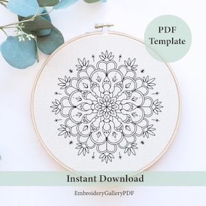 May include: A black and white mandala embroidery pattern in a hoop. The pattern is a circular design with intricate details. The text "PDF Template" and "Instant Download" is visible below the hoop.