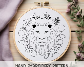 ライオンの手刺繍パターン、動物デザイン（デジタルダウンロード