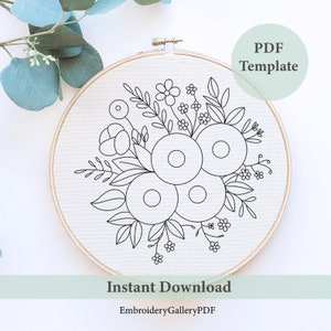 花束の刺繍パターン、PDF 刺繍パターン、野生の花、天体の花束、手刺繍、花の刺繍チャート フープアート