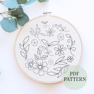Floral Beginner Embroidery, Modern Flower Plant Hand Embroidery , DIY Floral Needlepoint, Hoop Wall Art, PDF pattern Flower, DIY embroidery
