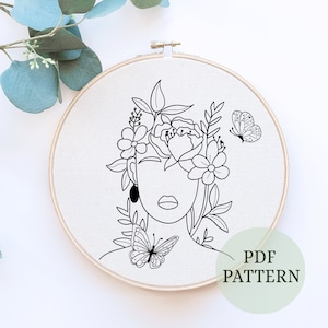 花柄の女性の手刺繍パターン、ボヘミアンフラワーヘッドの女性の手刺繍パターン、PDF インスタントダウンロード、DIY フープアート、フラワーヘッドガール
