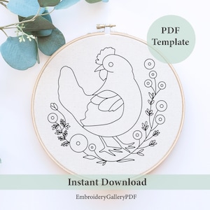 Chicken Embroidery Pattern, Hen embroidery, Modern Hand Embroidery, PDF embroidery pattern, DIY embroidery, Gardener Embroidery, farm craft