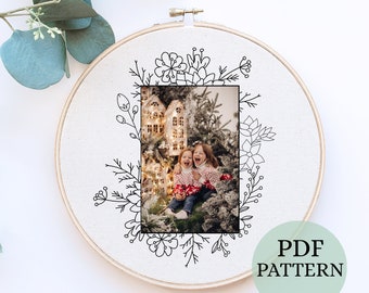 Christmas Floral Photo Frame Embroidery Pattern: Beginner Needlepoint (PDF Pattern)
