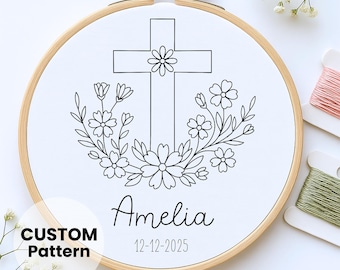 Baptism Embroidery Pattern: Custom Name, Floral Cross (PDF Download)