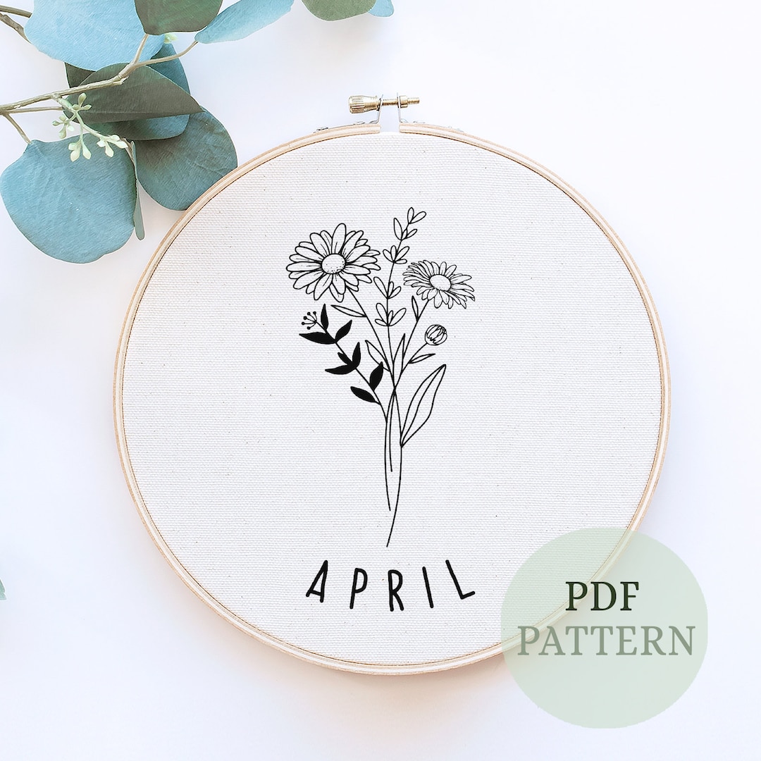 4月の誕生花の刺繍パターン：ボタニカルフープアート、印刷可能な
