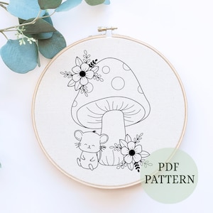 Little mouse, Hand Embroidery Pattern, Instant Digital Download, Hand Embroidery Design, Nursery Art, Needlecraft design, mushroom, floral