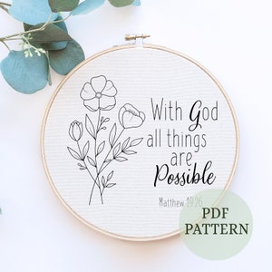 With God all things are possible Hand Embroidery Pattern Matthew 19:26, Digital PDF Pattern, Christian Embroidery Pattern Decor, hoop art