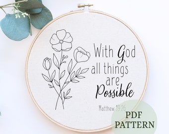 With God all things are possible Hand Embroidery Pattern Matthew 19:26, Digital PDF Pattern, Christian Embroidery Pattern Decor, hoop art