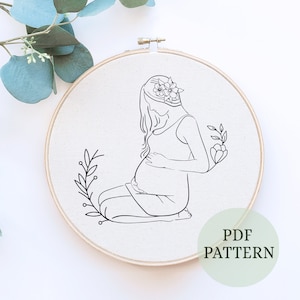 Pregnant woman Hand Embroidery beginner pattern, Digital PDF Pattern, Floral Digital download, Pregnancy hoop art, Midwife gift, Mother gift