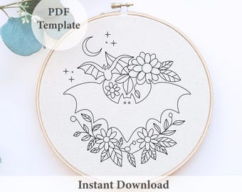 Halloween Bat Embroidery Pattern: Spooky Floral Design (PDF Download)