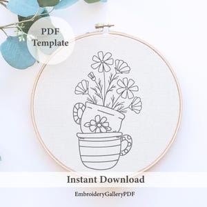 Floral Tea Cup Hand Embroidery Pattern, Flowers In A Tea mug Embroidery, PDF Printable pattern, Boho Floral Hoop Art, embroidery Template