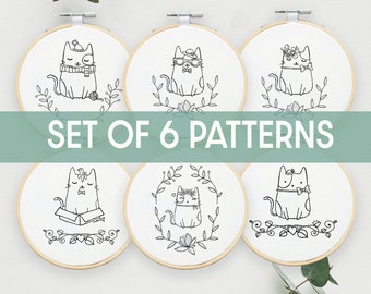 Set of 6 cat embroidery pattern, beginner embroidery pattern, funny cat embroidery pdf, DIY embroidery, Embroidery PDF, DIY Embroidery