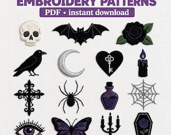 15 Gothic Dark Embroidery Bundle Designs, Halloween Embroidery Patterns PDF, Skull Bat Raven Witch Moon, Beginner friendly, Instant Download