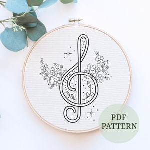 Treble Clef Embroidery, Hand embroidery pattern, Music Design, Embroidery Art, DIY Gift for Her, floral hoop art, DIY quirky hand embroidery