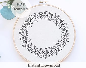 Floral Wreath Embroidery Pattern: 6 Sizes (PDF Download)